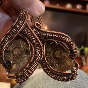 Handcrafted Copper Wire Wrapped Ammonite Earrings - Brown